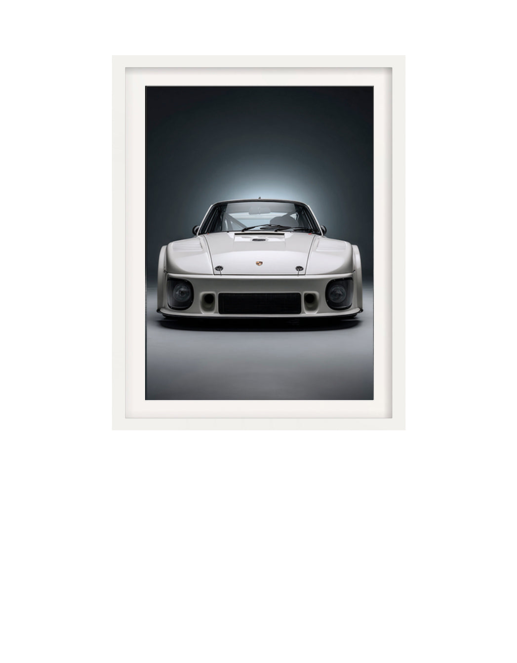 Framed artwork of a classic 1980 Porsche 935 car on a dark background