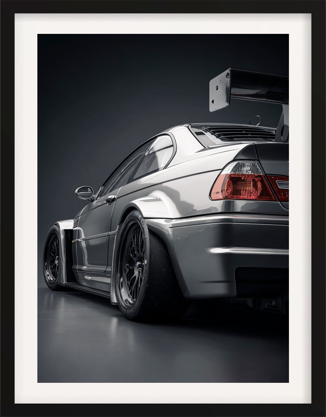 2001 BMW M3 GTR rear view studio automotive fine art print with dark background