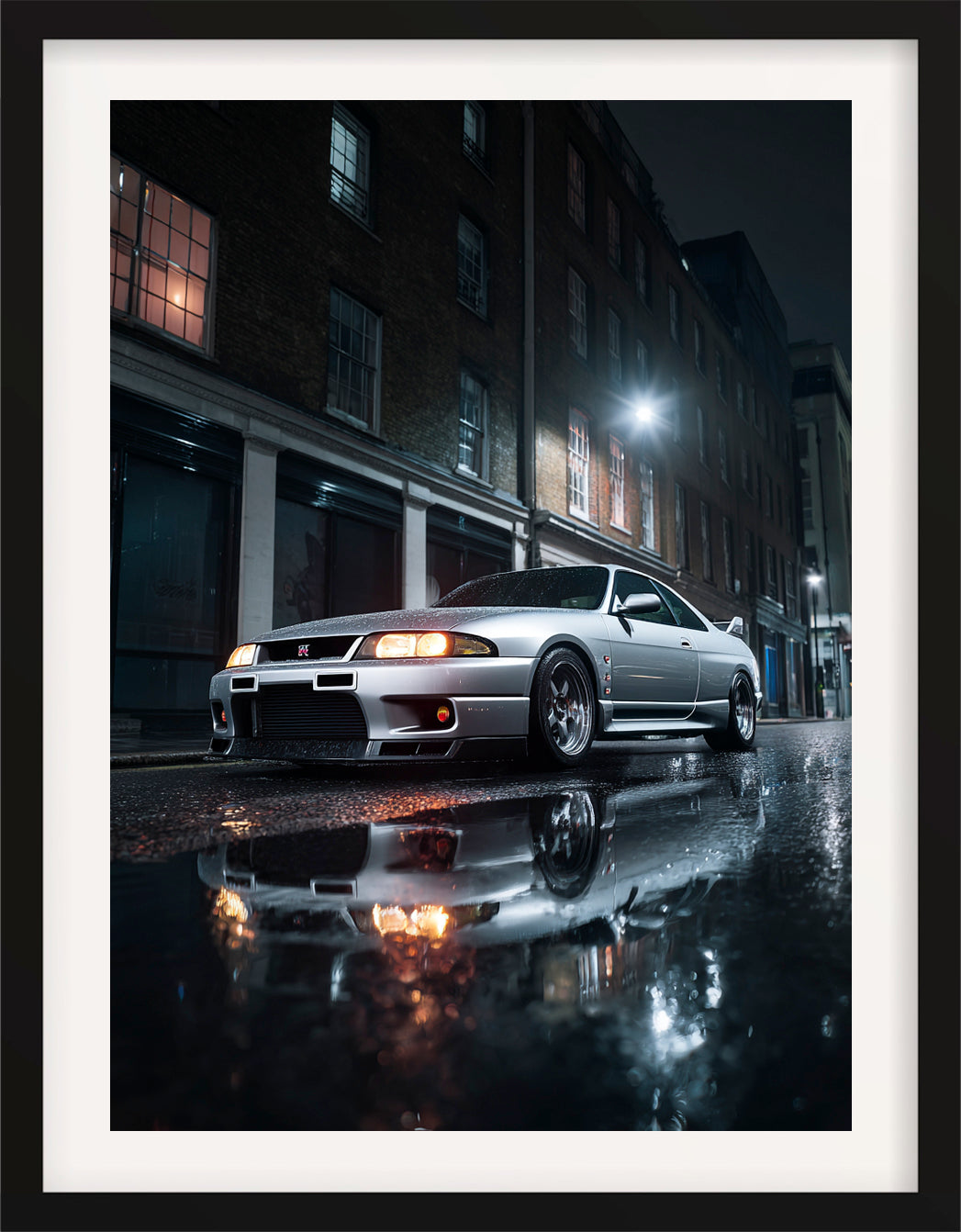 1995 Nissan Skyline GT-R R33 parked on rainy city street at night fine art print