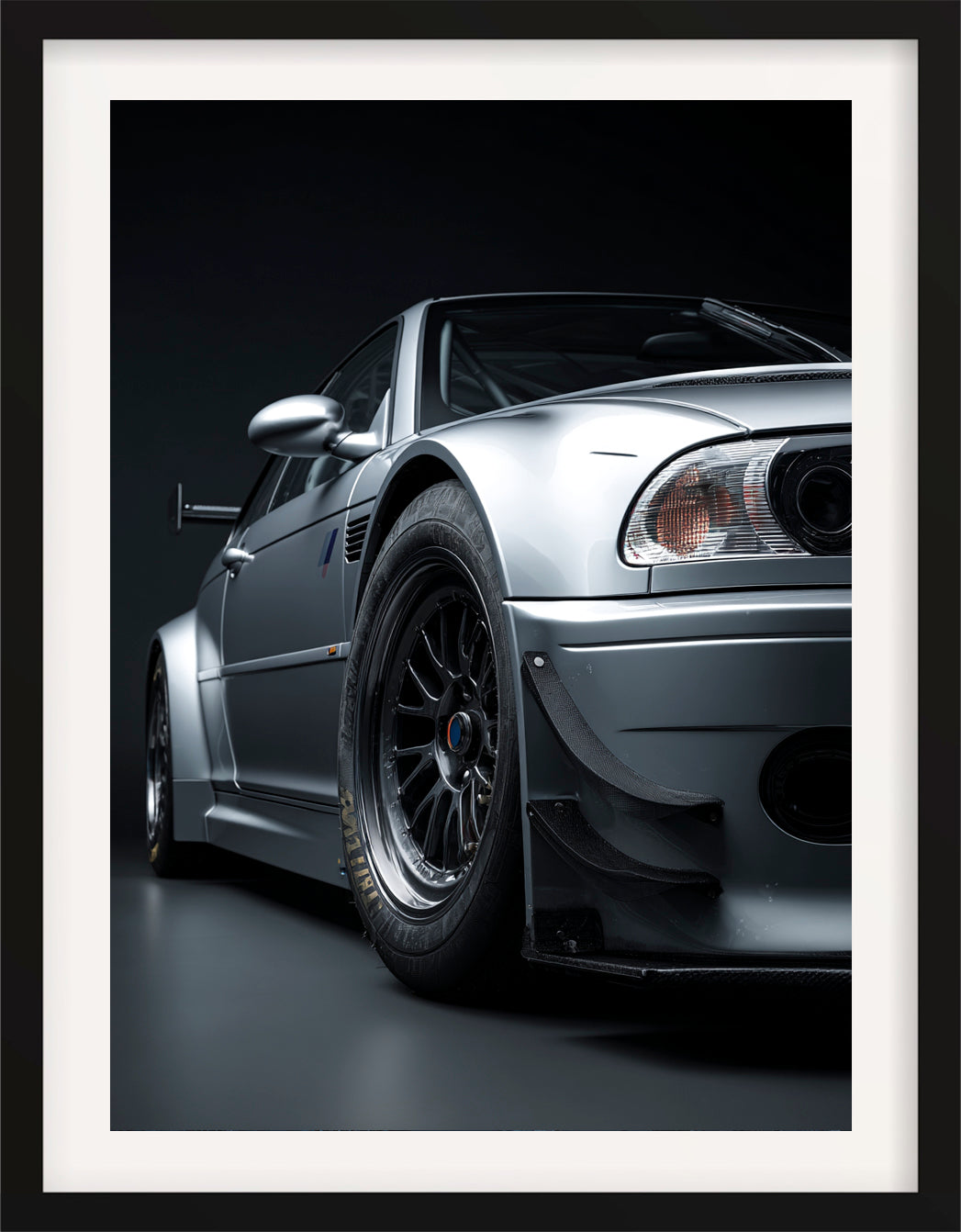 2001 BMW M3 GTR front view studio automotive fine art print with dark background
