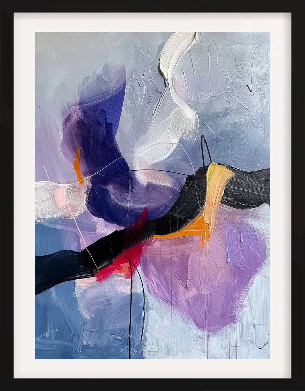 Contemporary abstract fine art print featuring layered lavender, pale blue, black, blush pink, and cream brushstrokes with expressive textured paint details.