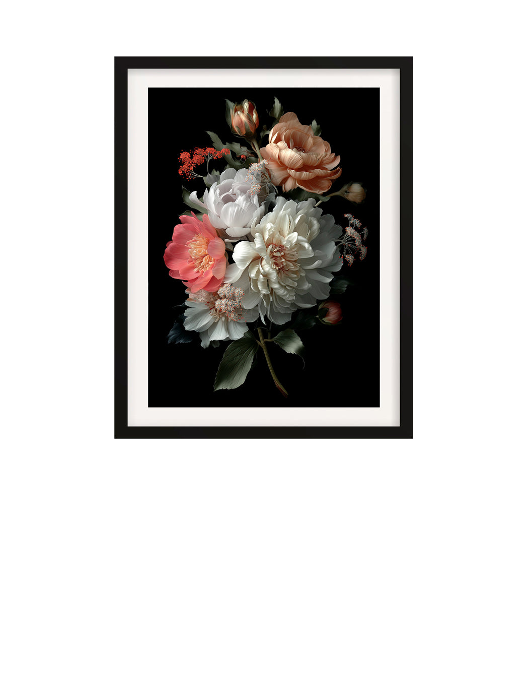 Framed close-up of a bouquet of peonies, roses and dahlias in soft light against a black background.
