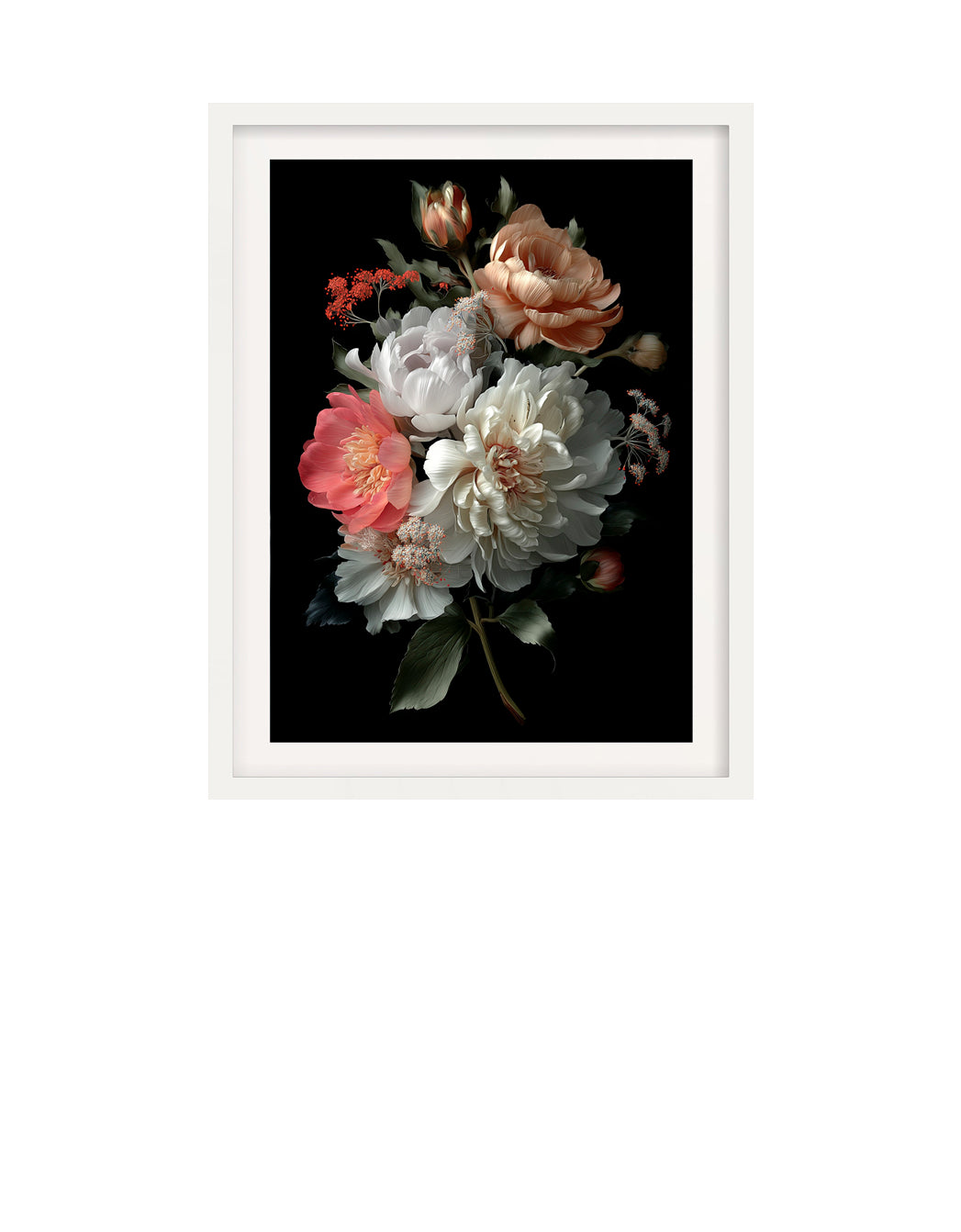 Framed close-up of a bouquet of peonies, roses and dahlias in soft light against a black background.