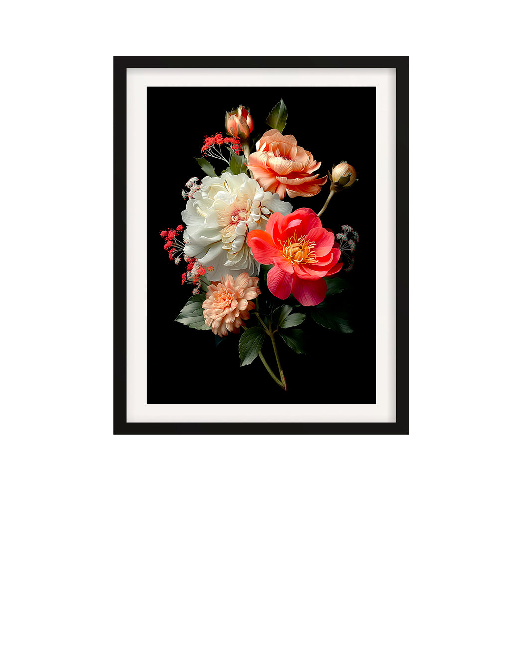 Framed close-up print of peonies, dahlias and garden roses in coral and blush tones against a dark background.