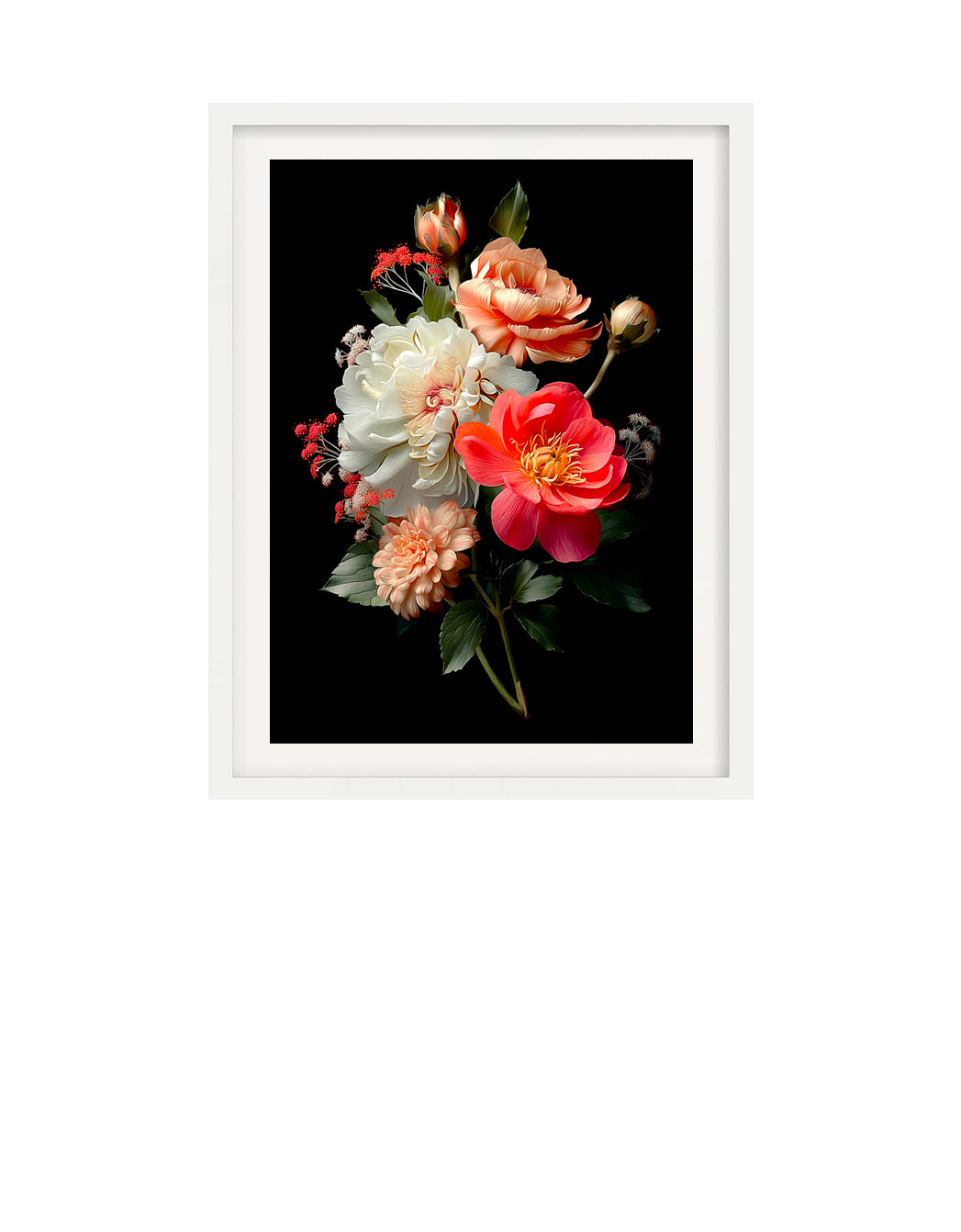 Framed close-up print of peonies, dahlias and garden roses in coral and blush tones against a dark background.