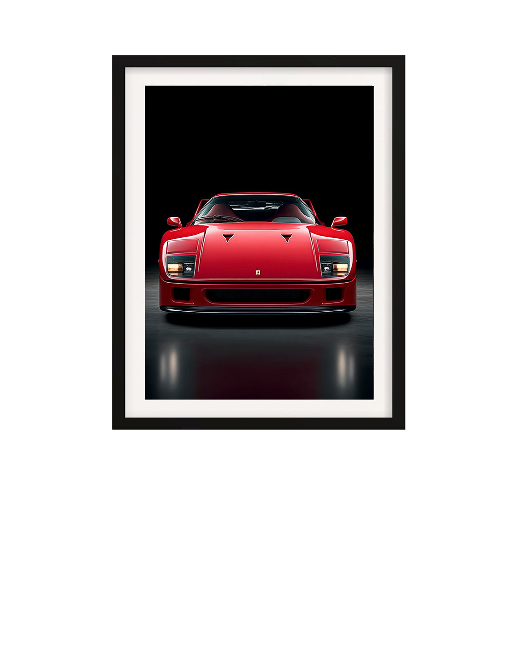 Framed artwork of a red Ferrari F40 sports car on a black background