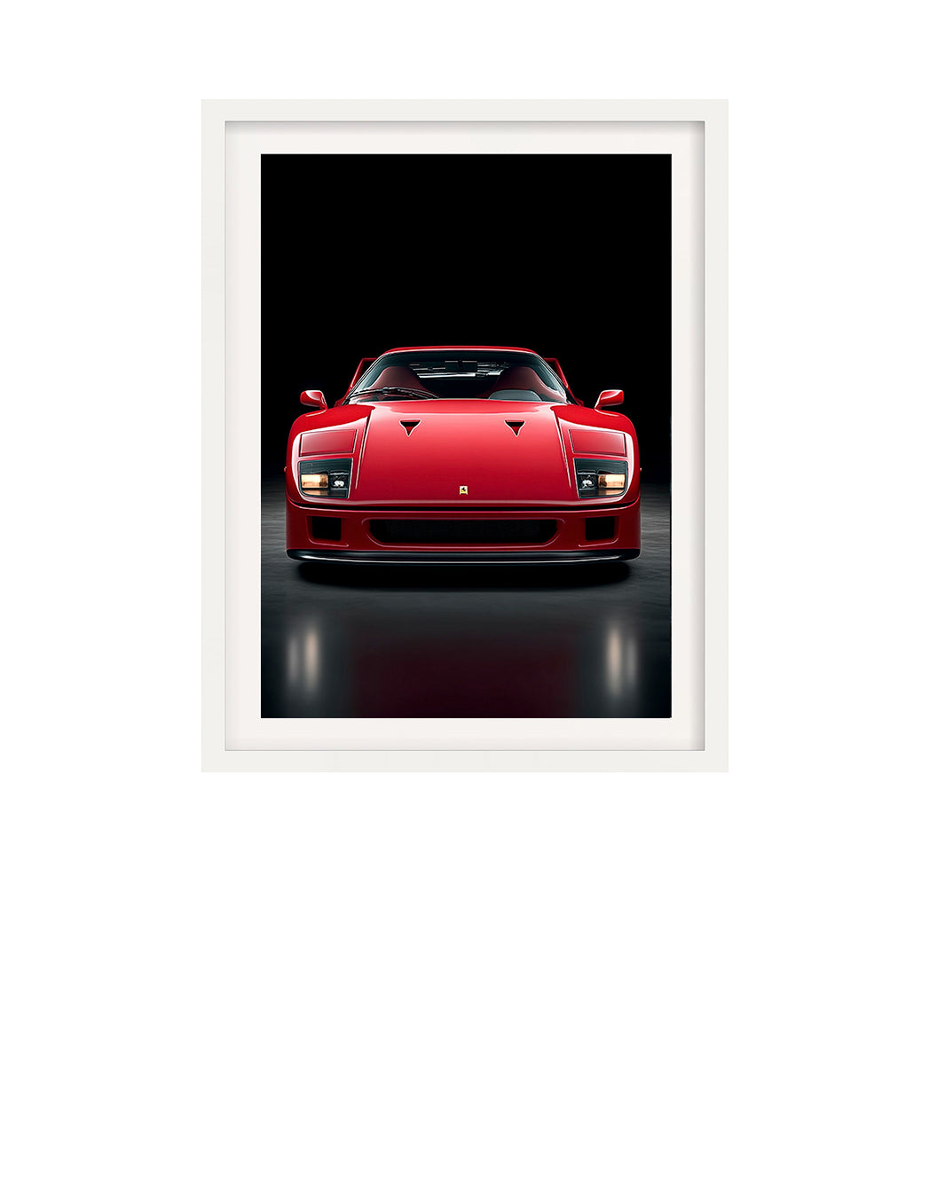 Framed artwork of a red Ferrari F40 sports car on a black background
