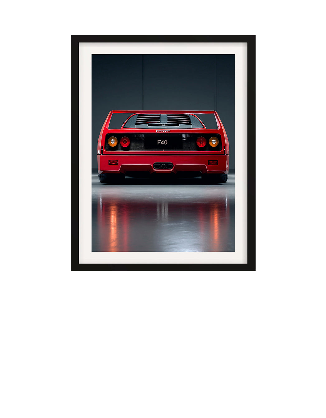 Rear view of a red Ferrari F40 sports car under studio lighting with reflections on the floor.