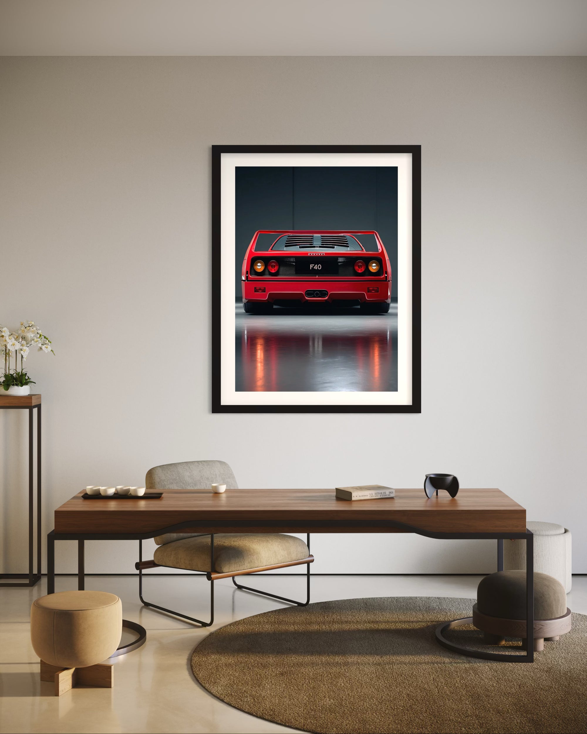 Rear view of a red Ferrari F40 sports car under studio lighting with reflections on the floor.