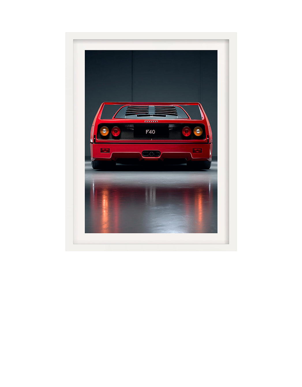 Rear view of a red Ferrari F40 sports car under studio lighting with reflections on the floor.