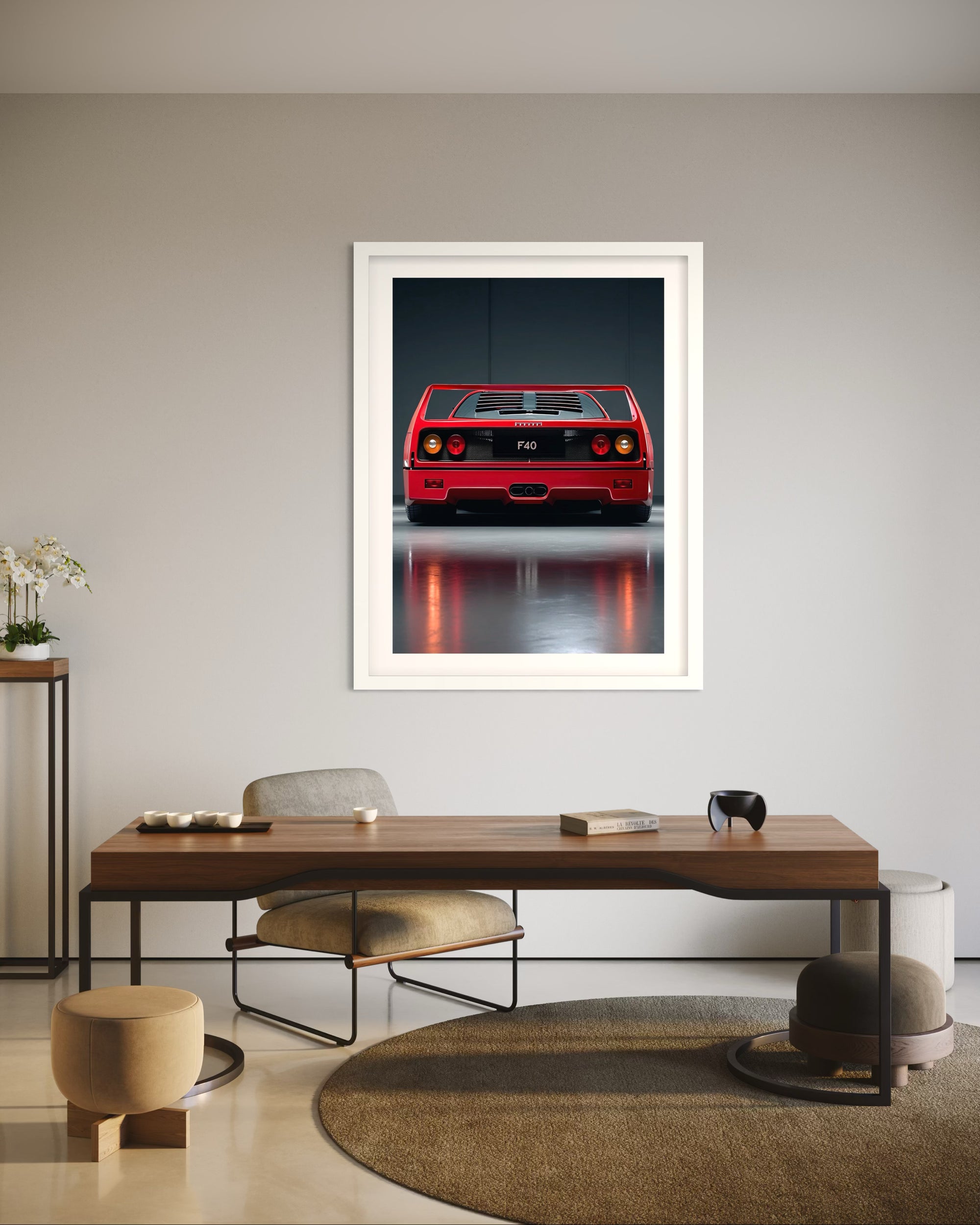 Rear view of a red Ferrari F40 sports car under studio lighting with reflections on the floor.