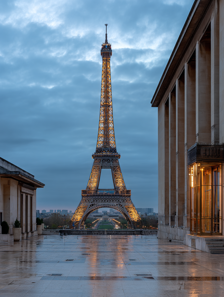 Eiffel Tower illuminated at dusk with rain-polished stone foreground in Paris France