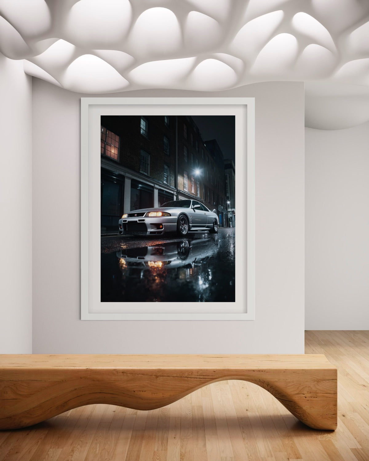 1995 Nissan Skyline GT-R R33 parked on rainy city street at night fine art print