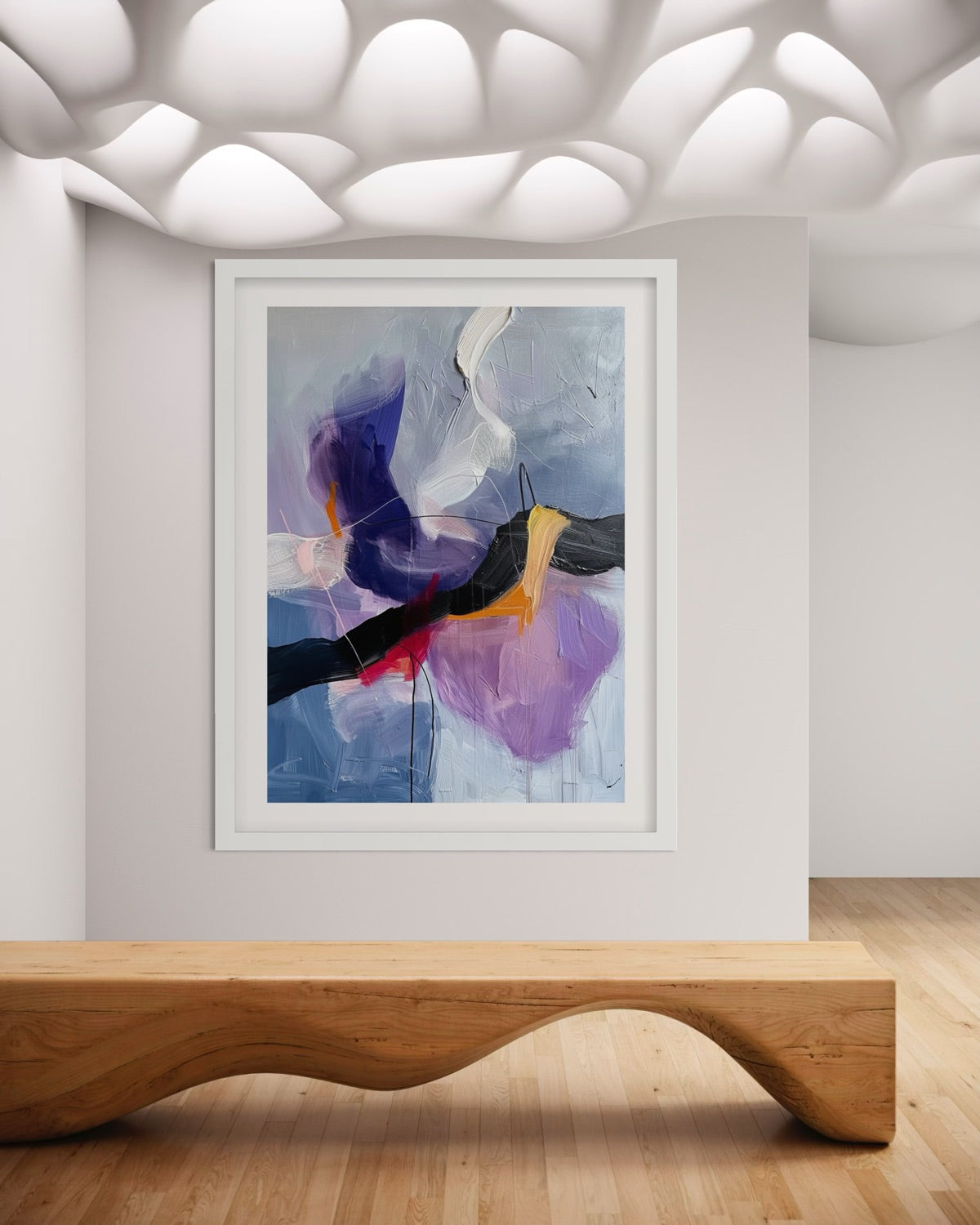 Contemporary abstract fine art print featuring layered lavender, pale blue, black, blush pink, and cream brushstrokes with expressive textured paint details.
