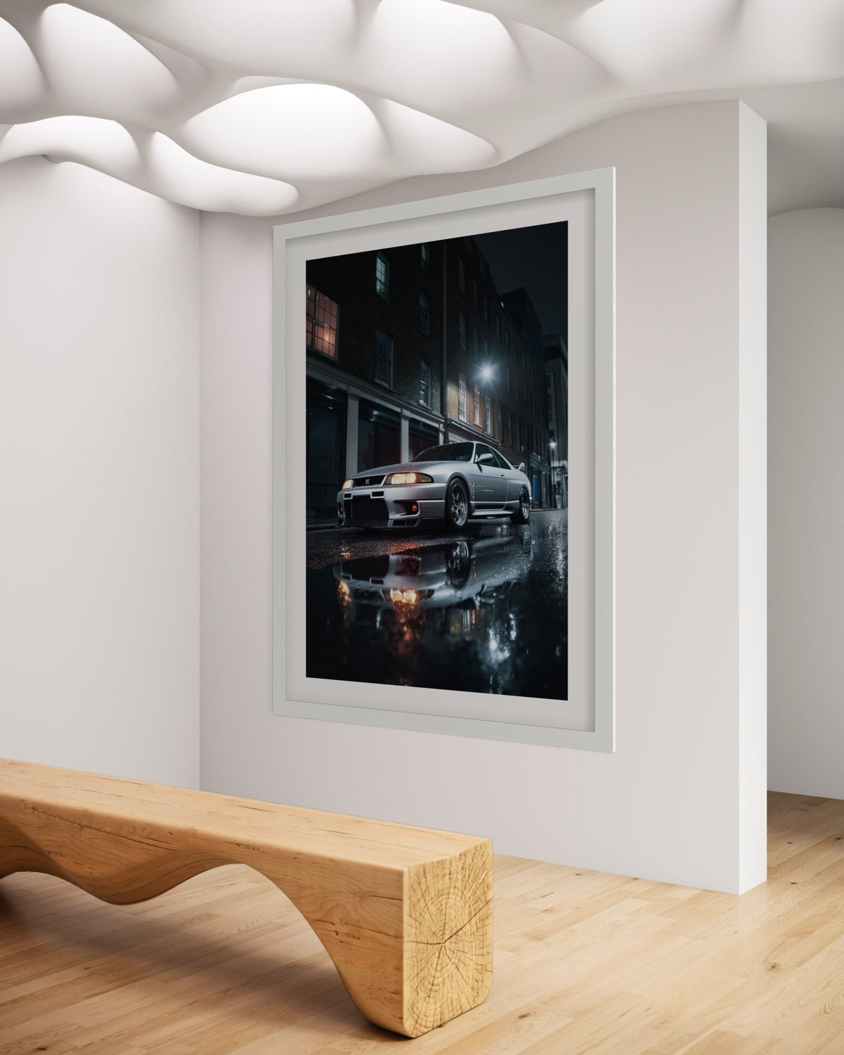 1995 Nissan Skyline GT-R R33 parked on rainy city street at night fine art print