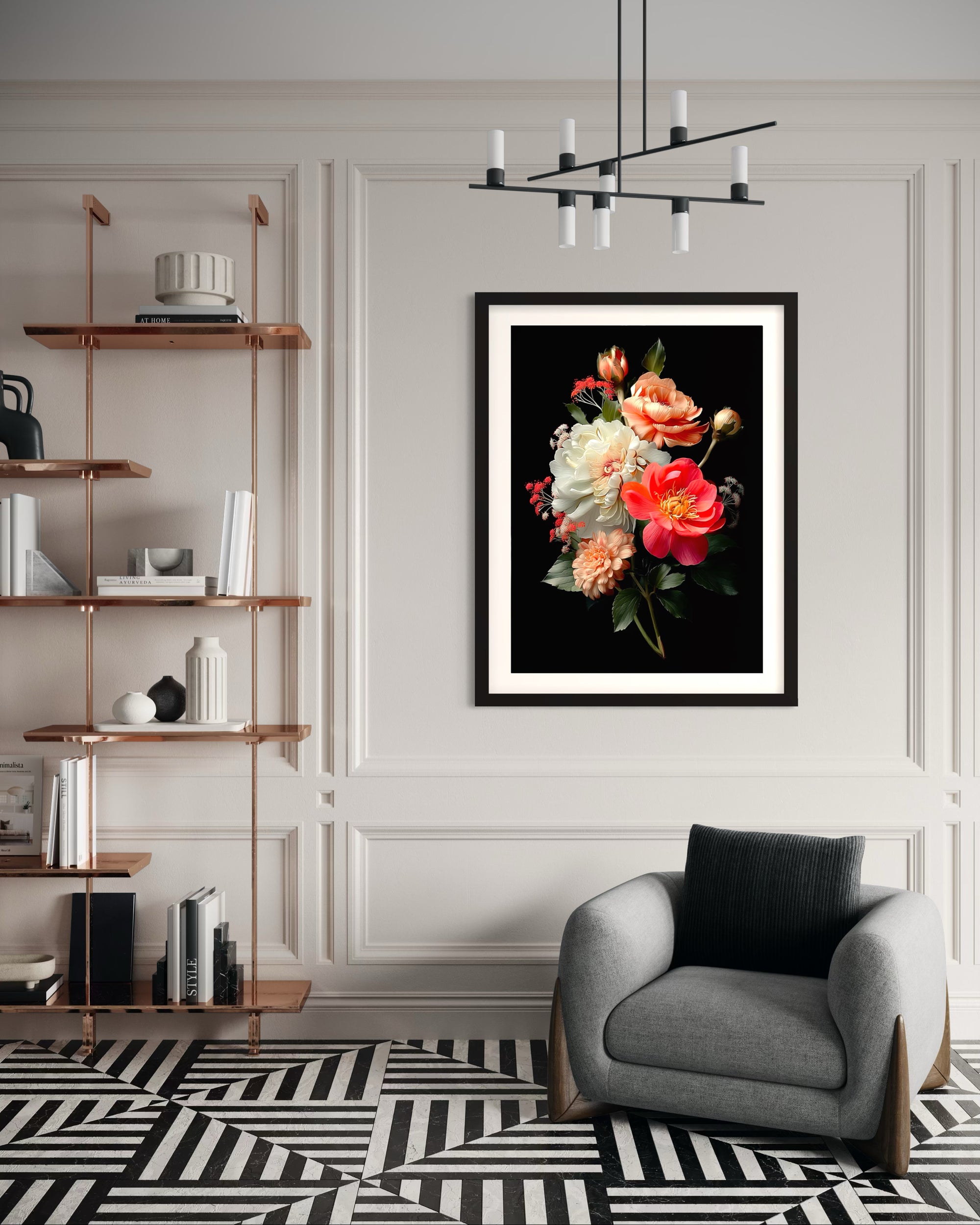 Framed close-up print of peonies, dahlias and garden roses in coral and blush tones against a dark background.