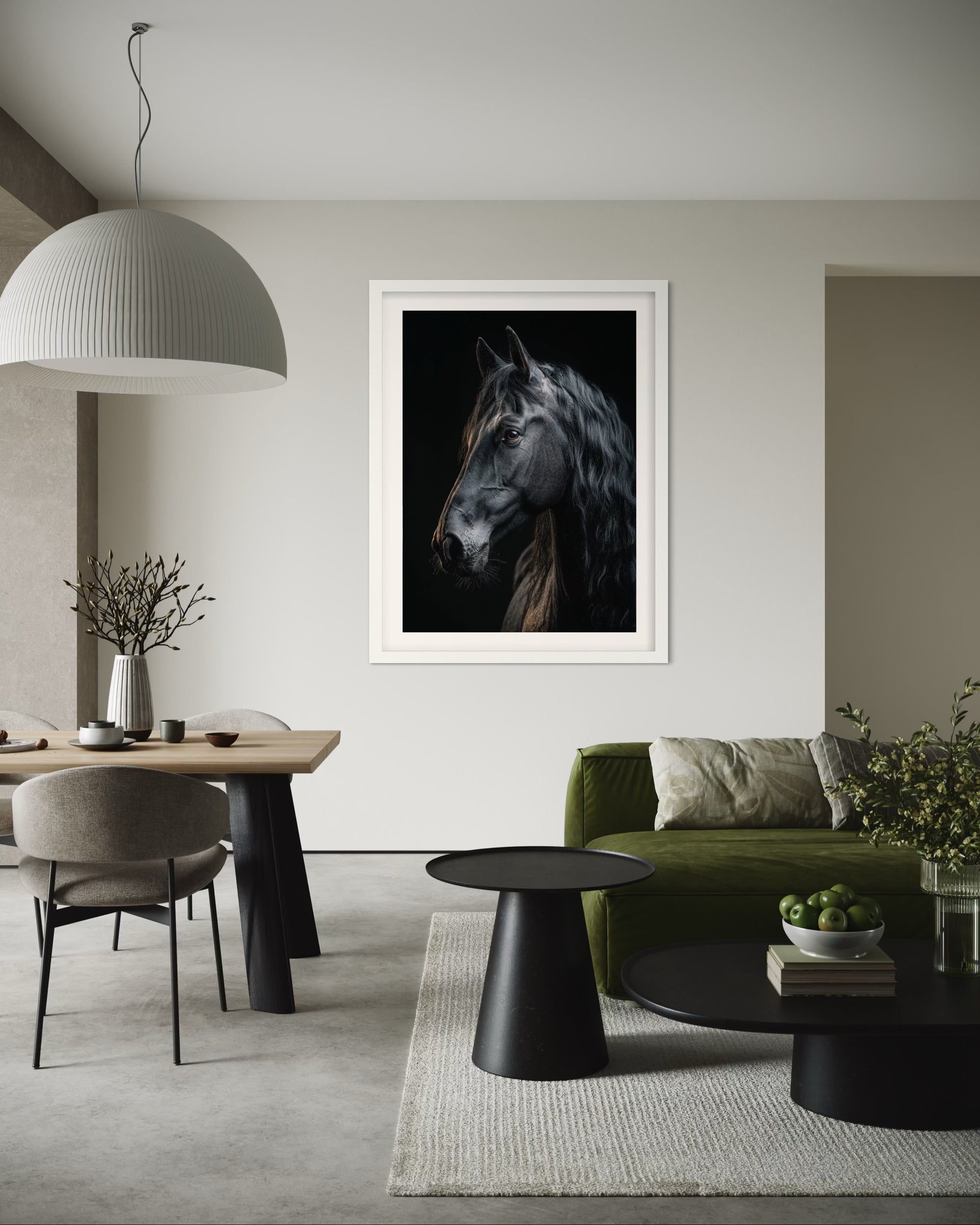 Living room with a framed black stallion horse portrait on the wall