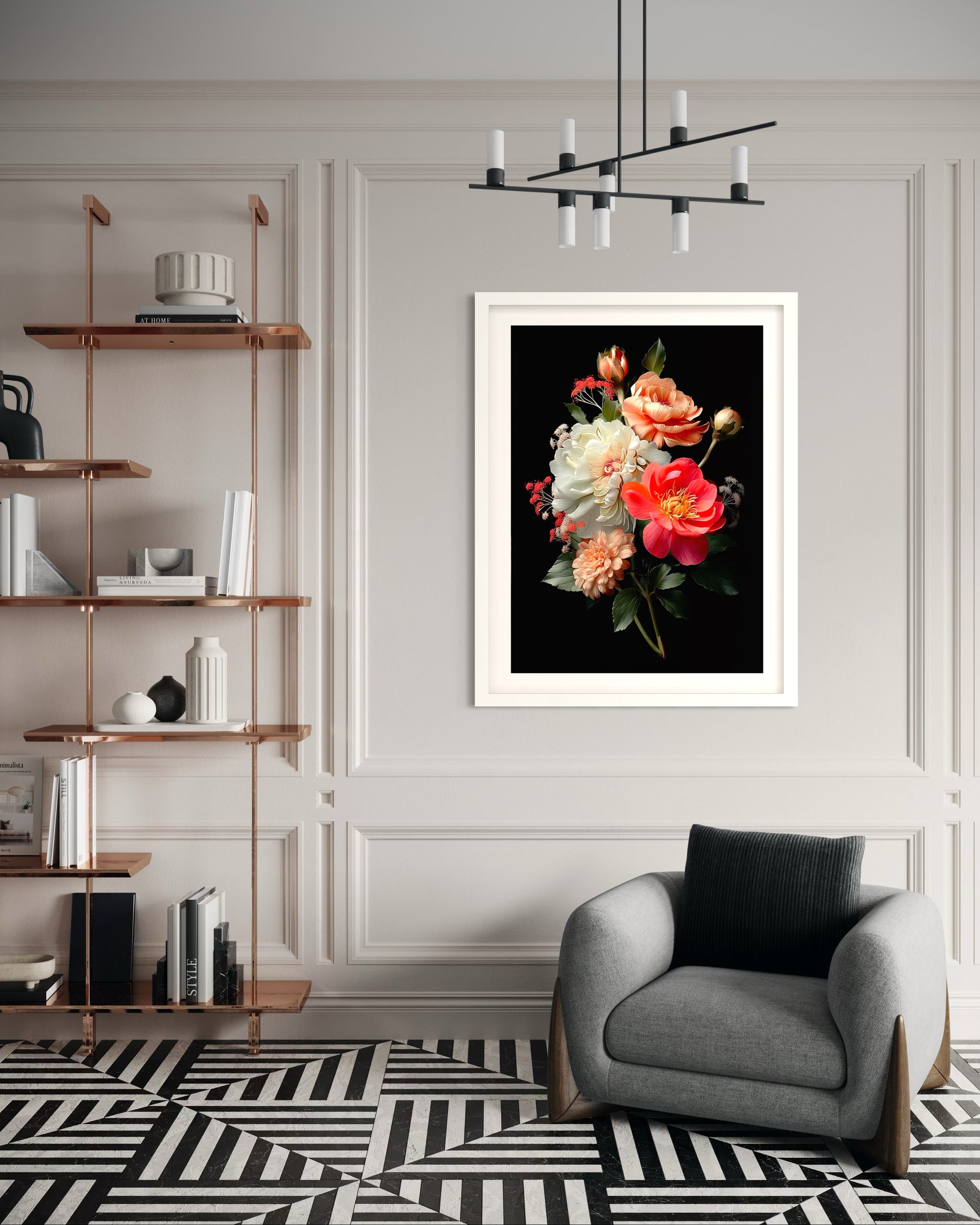 Framed close-up print of peonies, dahlias and garden roses in coral and blush tones against a dark background.