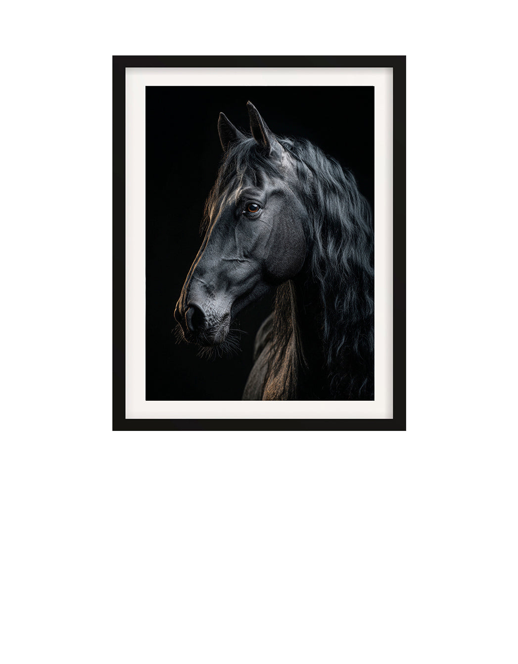 Framed artwork of a black stallion horse's head on a black background 