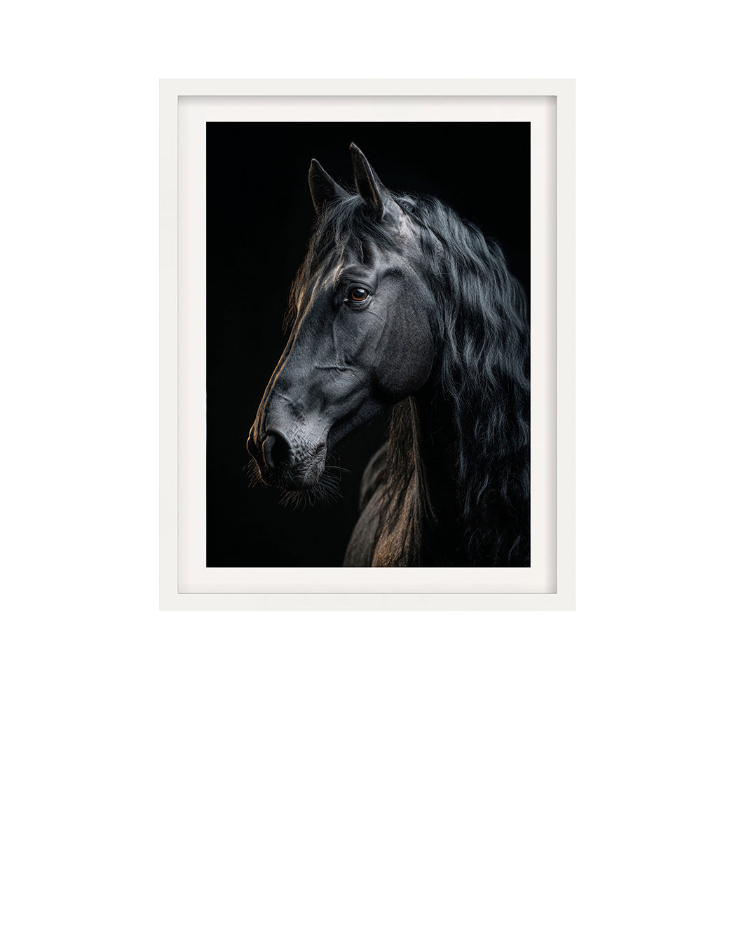 Framed portrait of a black stallion horse's head on a black background