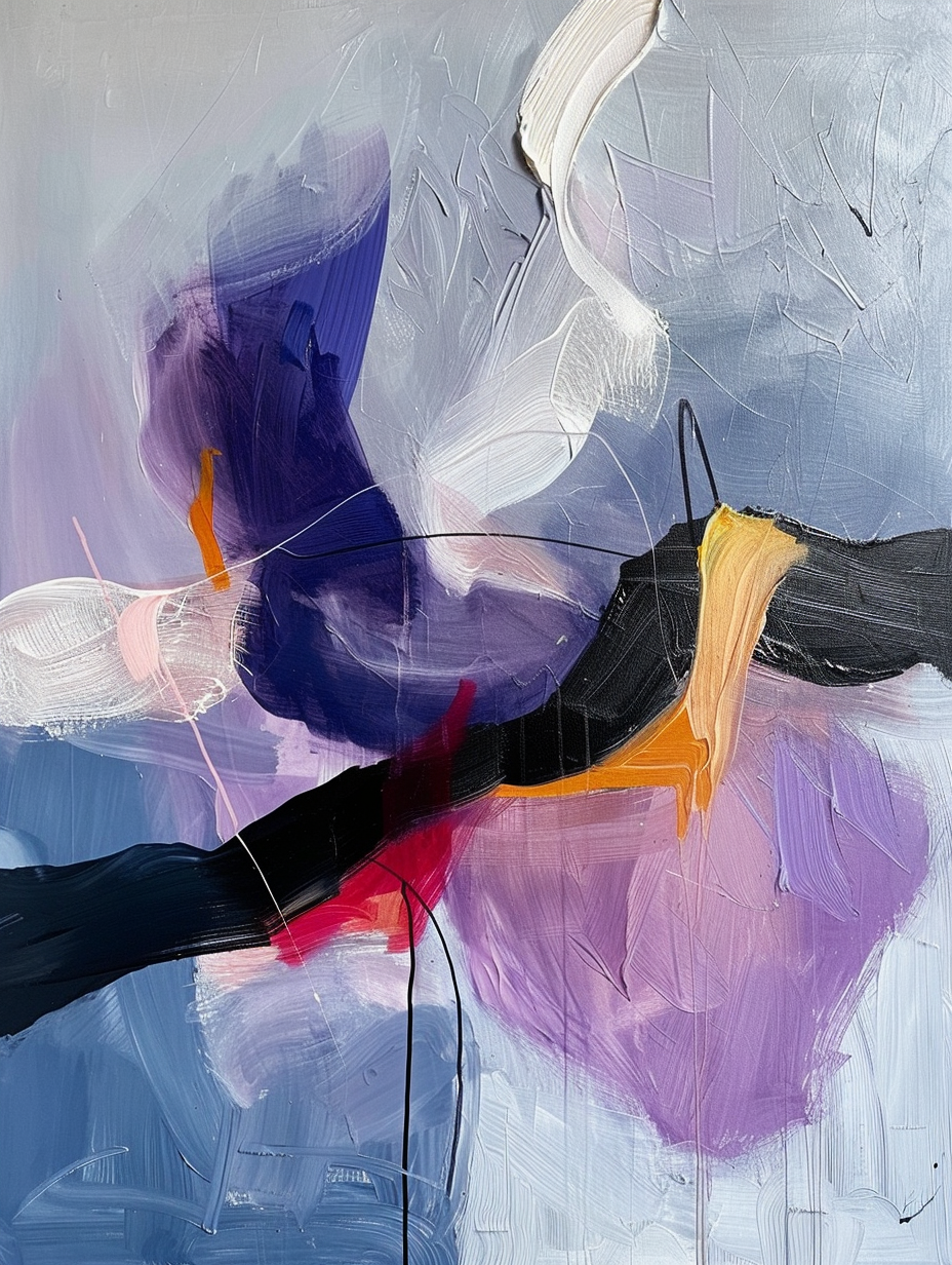 Contemporary abstract fine art print featuring layered lavender, pale blue, black, blush pink, and cream brushstrokes with expressive textured paint details.