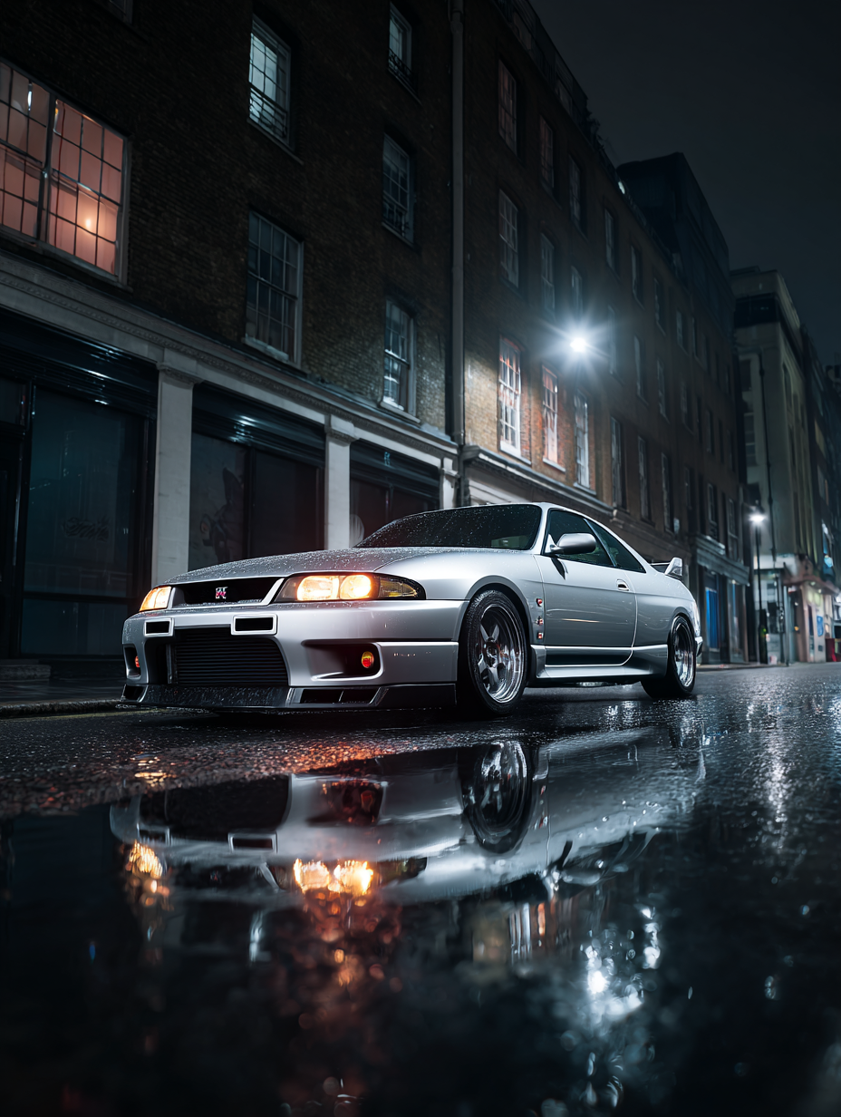 1995 Nissan Skyline GT-R R33 parked on rainy city street at night fine art print