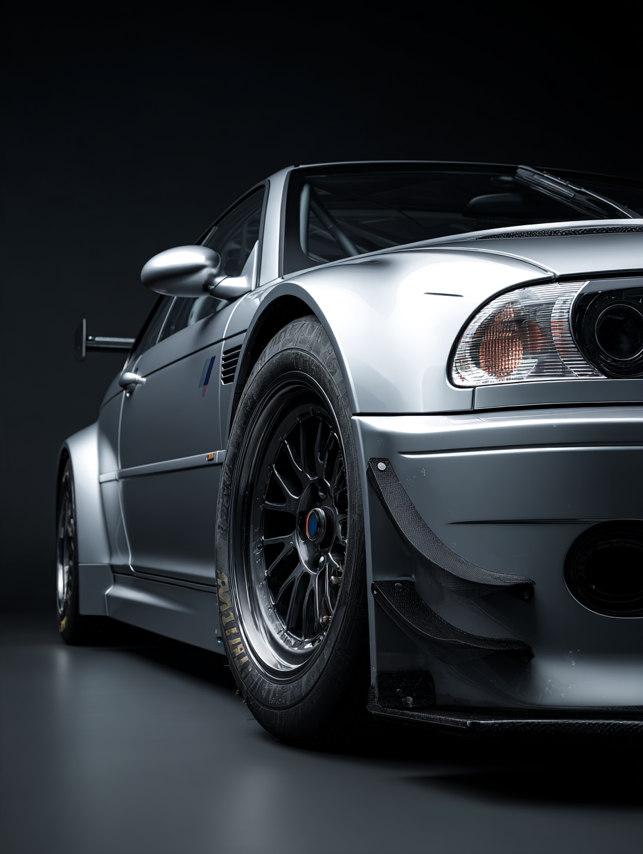 2001 BMW M3 GTR front view studio automotive fine art print with dark background