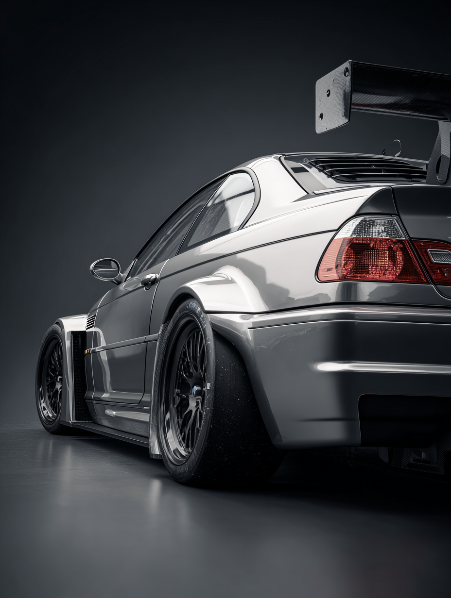 2001 BMW M3 GTR rear view studio automotive fine art print with dark background