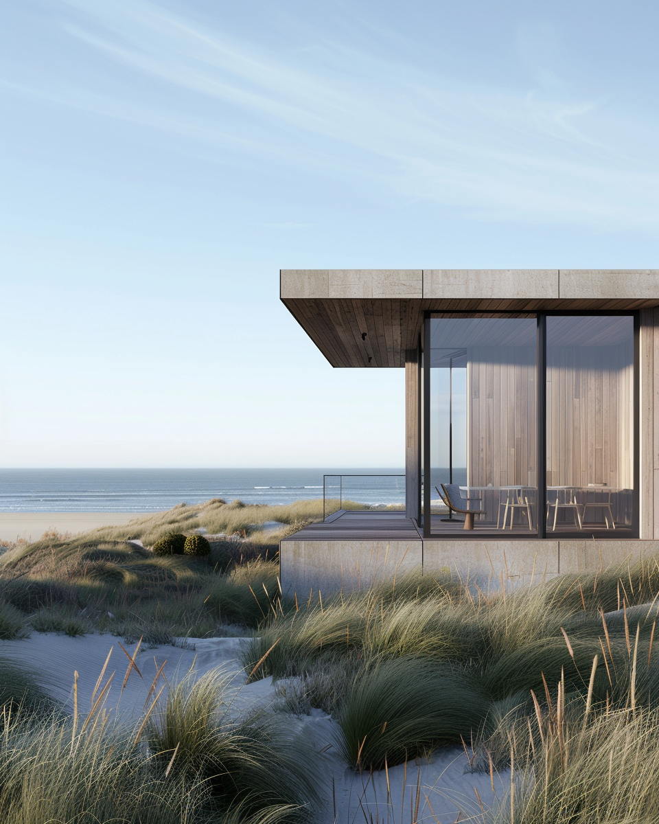 Modern coastal house with concrete and timber structure set among sand dunes, overlooking the ocean under soft natural light.
