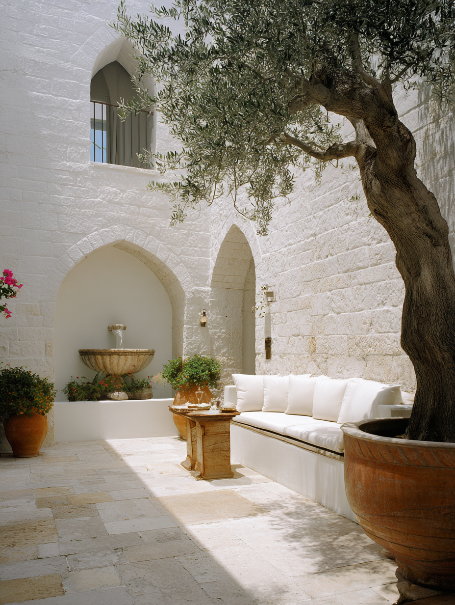 Olive Courtyard Mediterranean wall art featuring a sunlit white stone courtyard, mature olive tree, arched architecture and neutral outdoor seating.