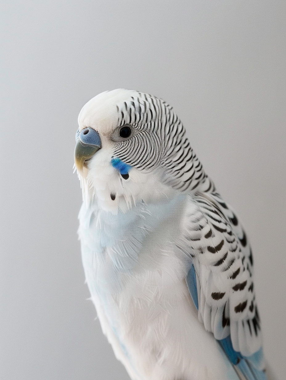 Close-up fine art portrait of a blue and white budgerigar against a soft neutral background, highlighting feather detail and pattern.