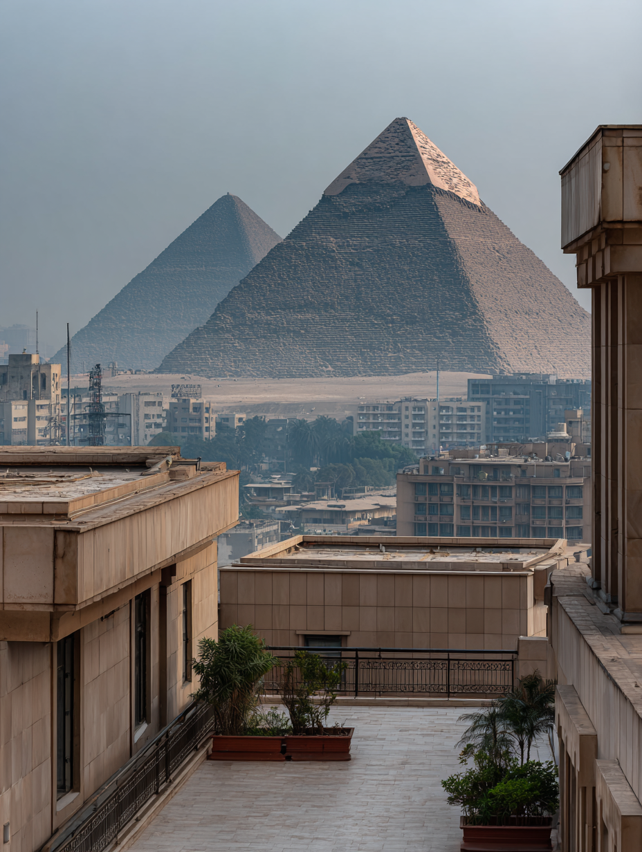Great Pyramid of Giza rising behind modern Cairo buildings, layered architectural composition, hyper-real fine art photography, Cities of the World collection by Artilo.