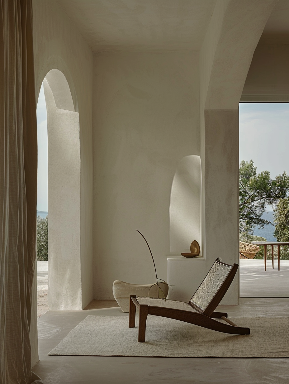 Mediterranean plaster interior with arched openings, sculptural chair, soft natural light, and sea view framed by olive trees.