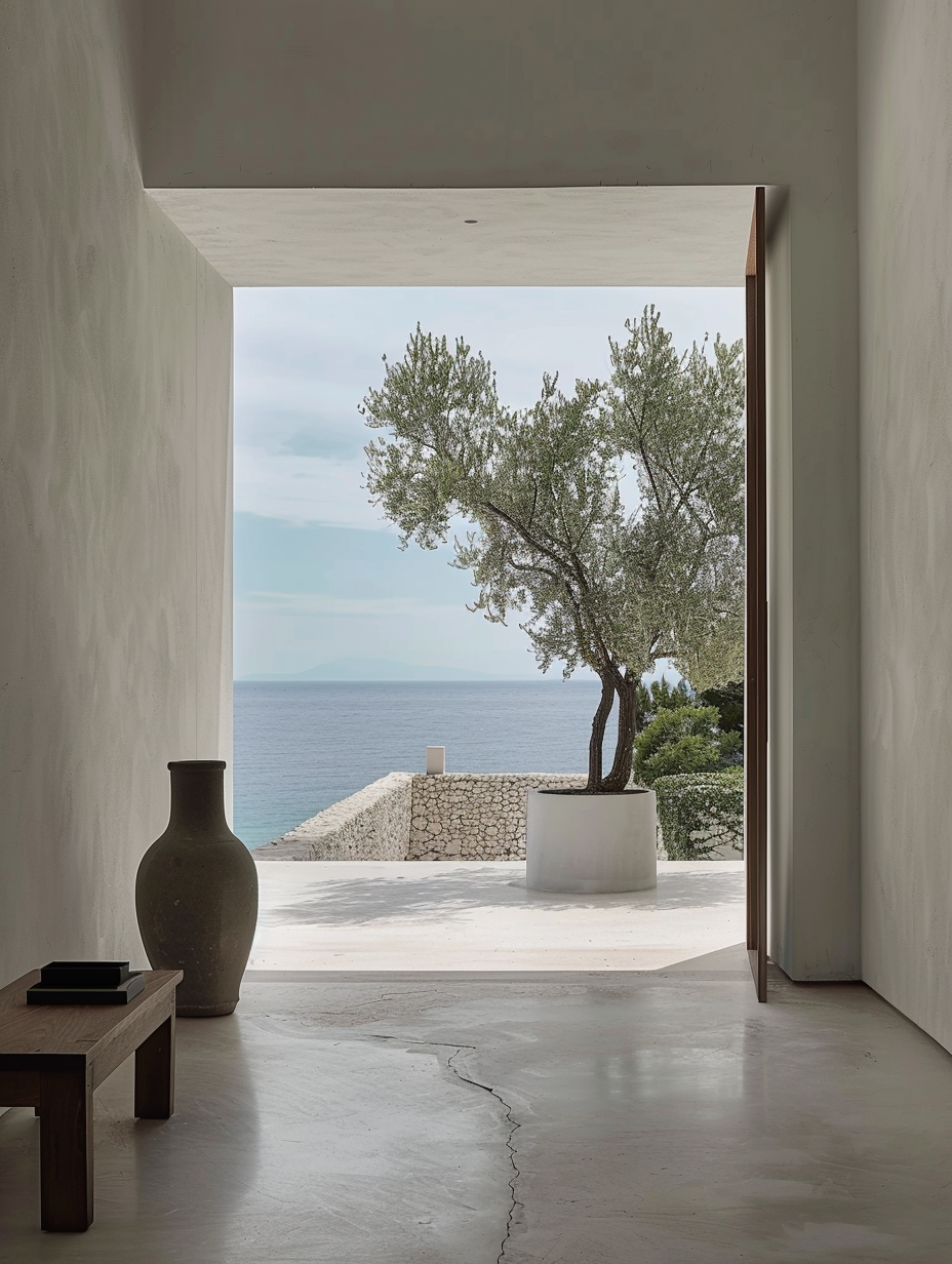 Minimalist concrete corridor opening to a coastal terrace with sculptural tree, stone wall, and ocean horizon beyond.