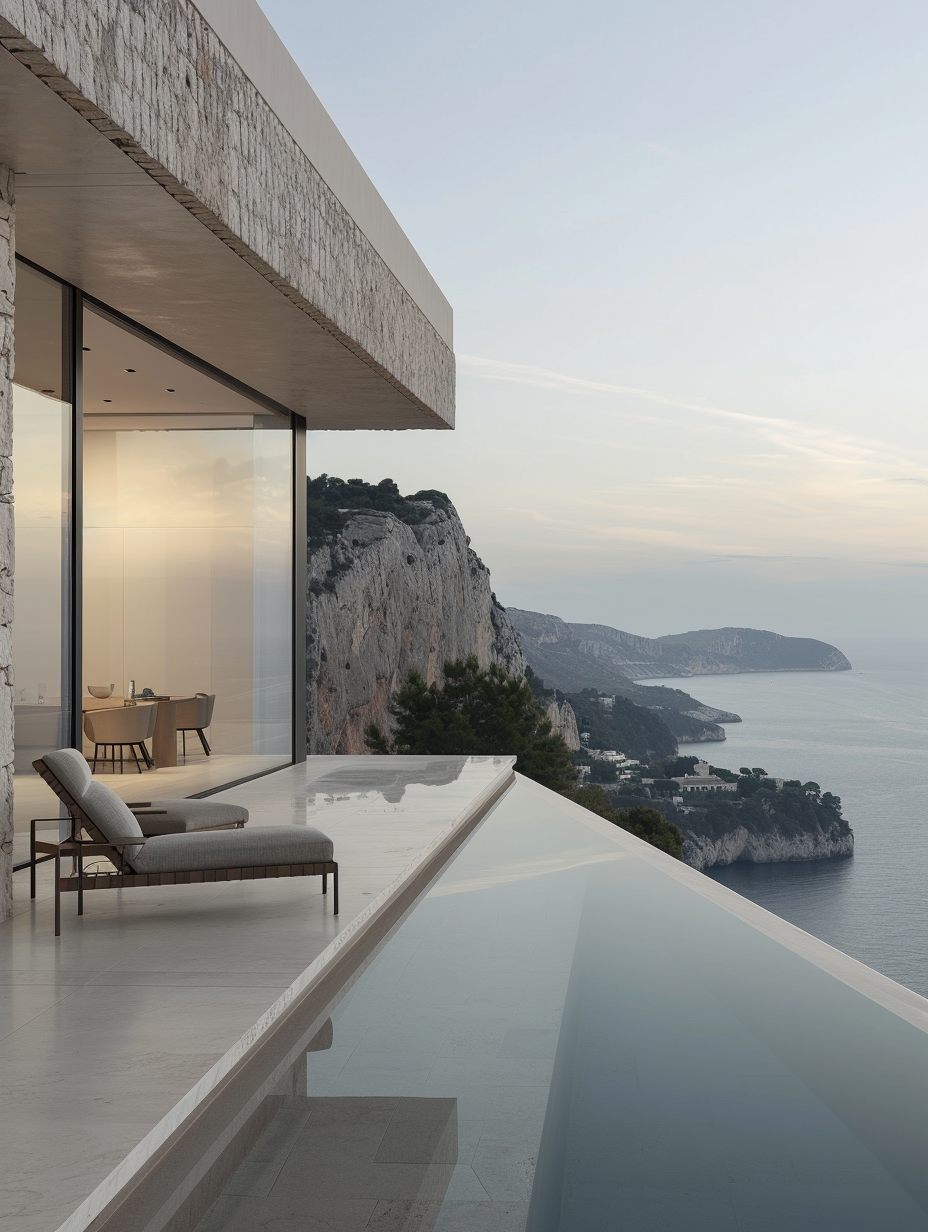 Mediterranean cliffside modern villa with infinity pool overlooking the sea, stone architecture and minimalist coastal design at sunset