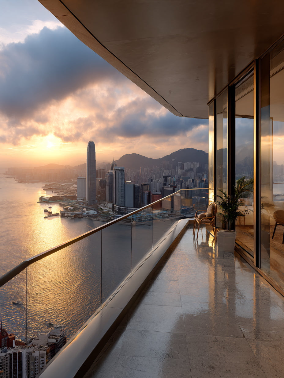 Hong Kong skyline at sunset viewed from a modern high-rise balcony overlooking Victoria Harbour with warm golden light reflecting on the water