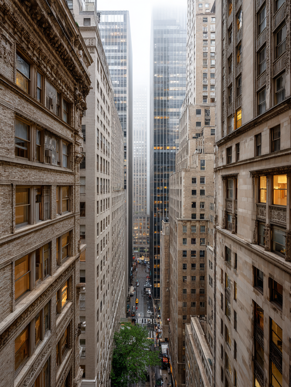 Manhattan street canyon view between tall New York buildings with soft morning haze