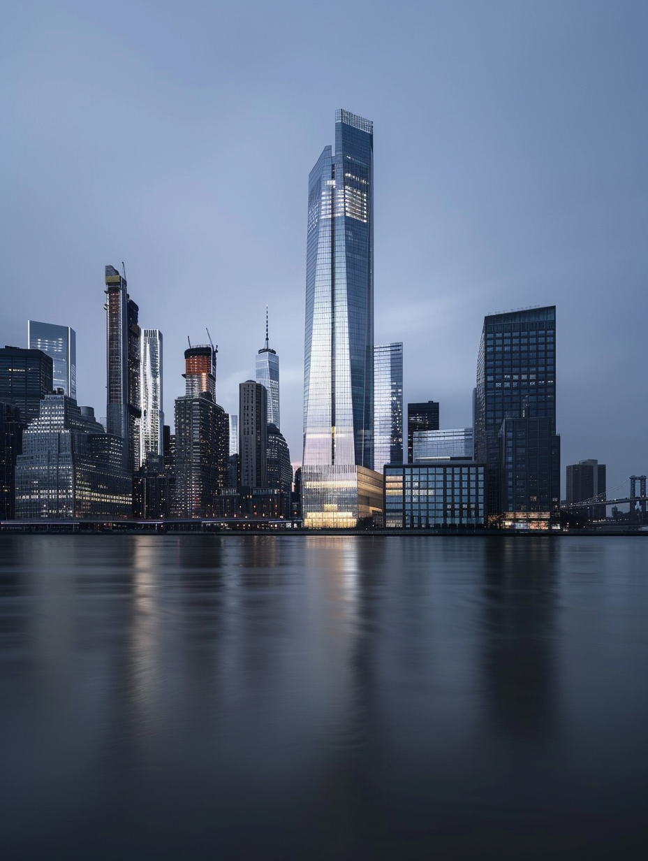 New York City Manhattan skyline at dusk with a dominant glass tower and calm water reflections
