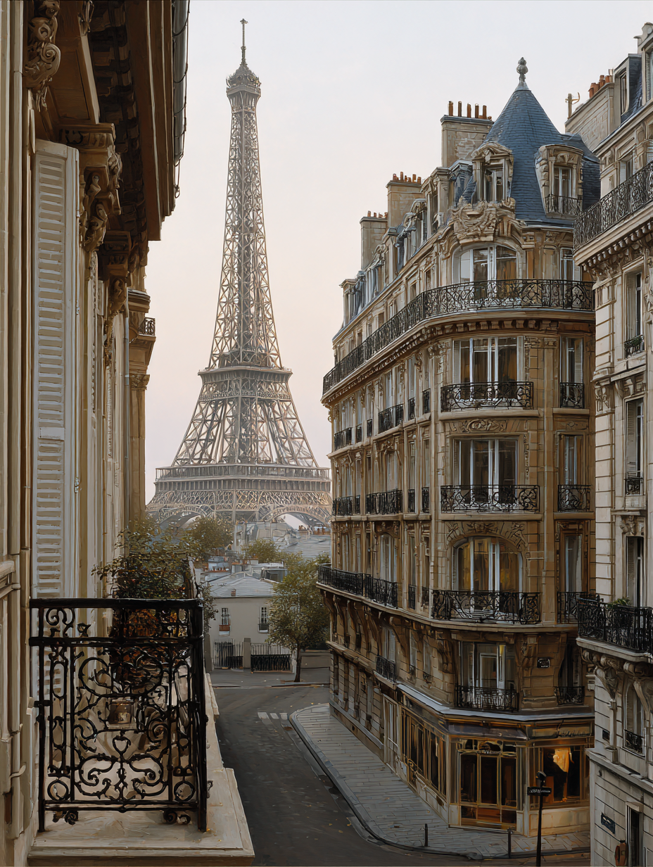 Eiffel Tower framed by classic Parisian buildings and balconies in soft morning light