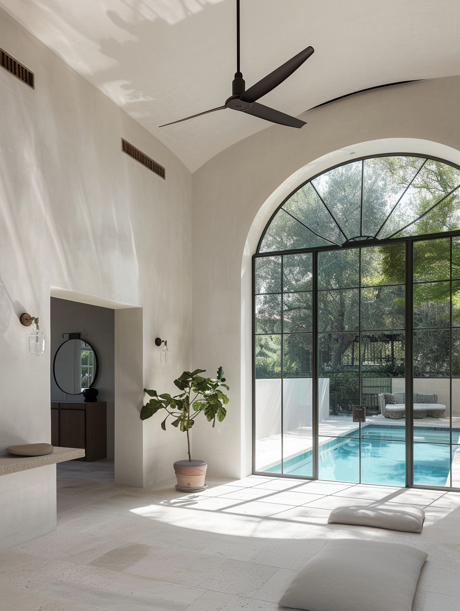 Mediterranean interior architecture featuring sculptural arches, natural stone floors, and soft light opening to a coastal landscape