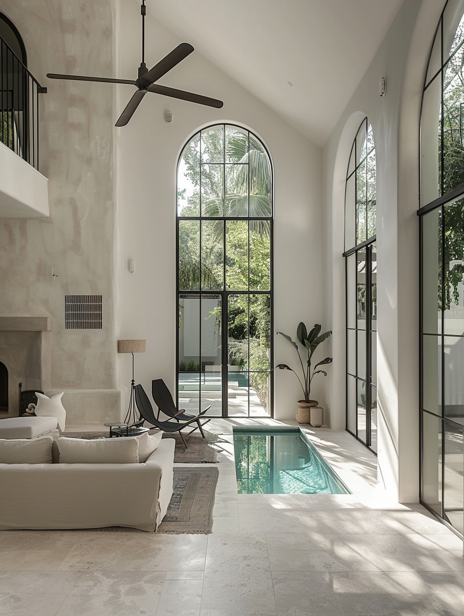 Mediterranean interior architecture featuring arched windows, internal courtyard pool, natural stone floors, and soft daylight