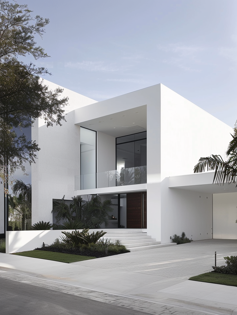 Modern white minimalist house with clean geometric architecture, large glass panels, and landscaped entry in soft natural daylight.