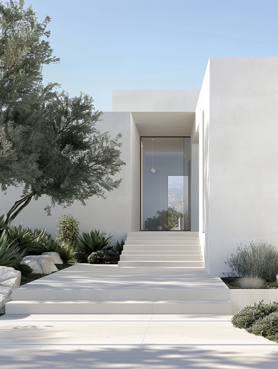 Minimalist white modern house entrance with wide concrete steps, clean architectural lines, and landscaped greenery in natural daylight.