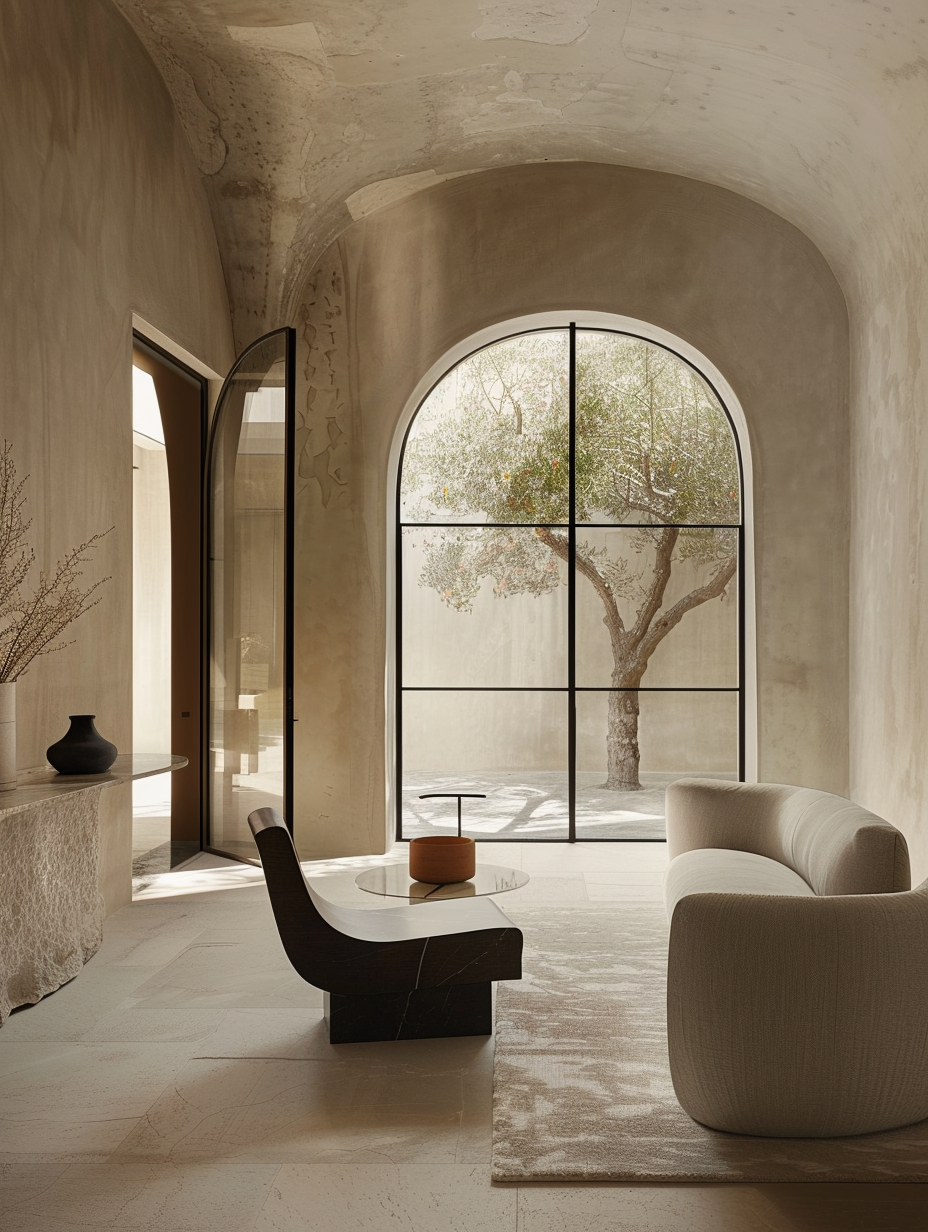 Mediterranean interior architecture with arched window, stone walls, courtyard view, and minimalist furnishings