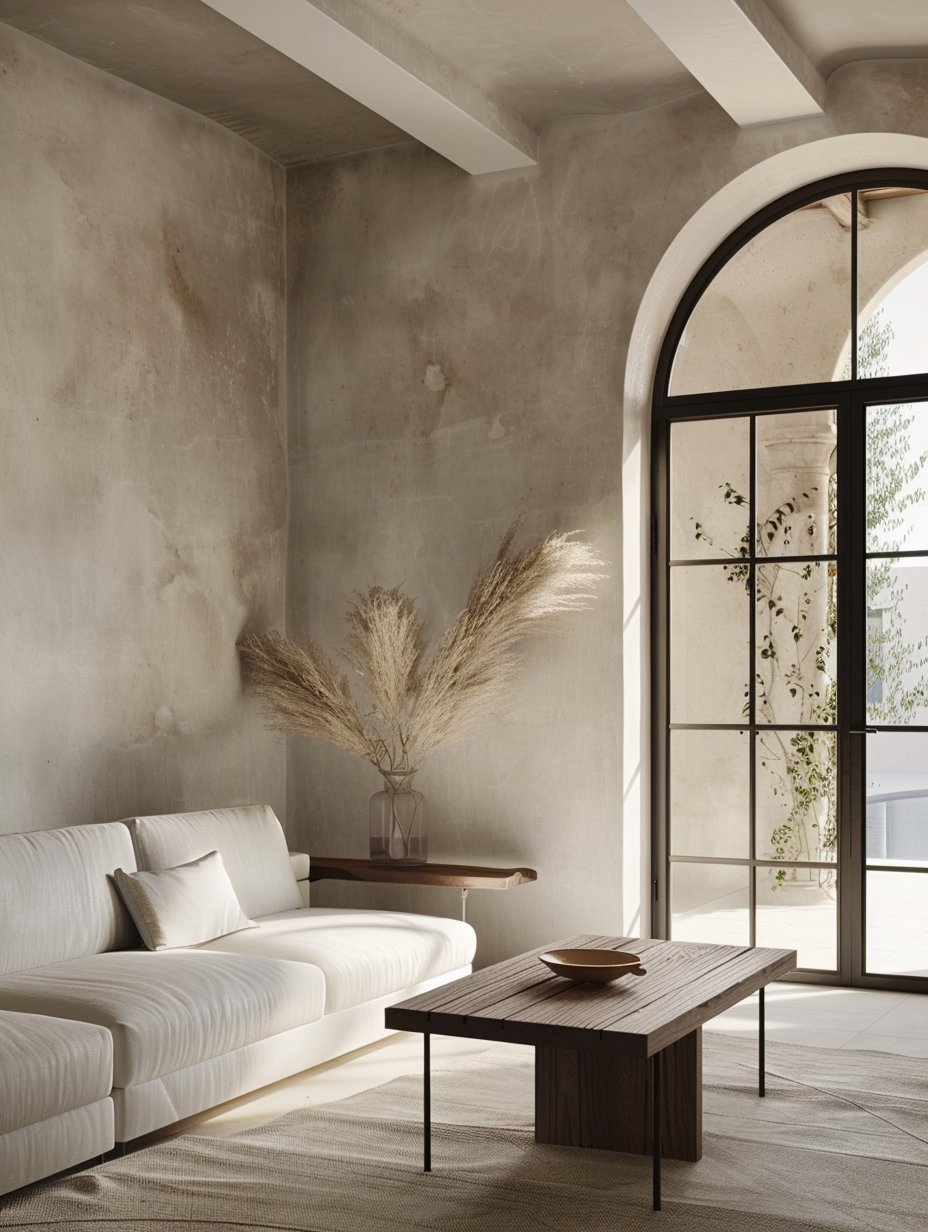 Mediterranean interior with aged plaster walls, arched doorway, linen sofa, timber table, and soft natural light