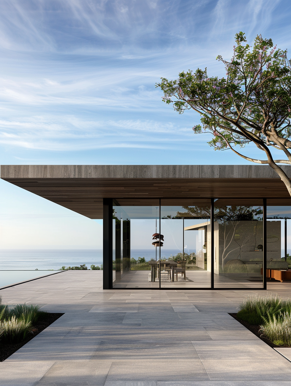 Modern coastal house with extended concrete roof, floor-to-ceiling glass walls, landscaped courtyard, and ocean horizon under blue sky.