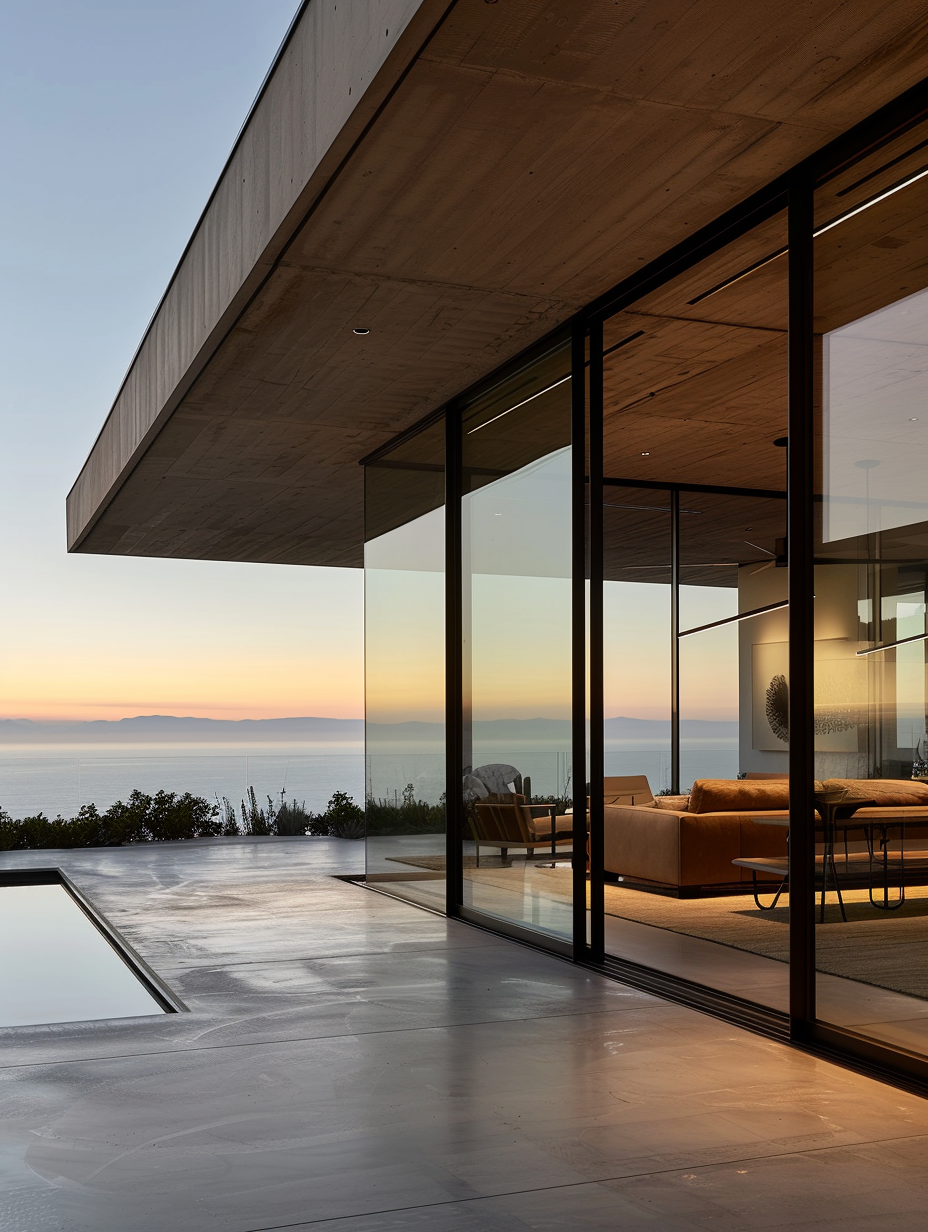 Modern cantilevered house with concrete roof, floor-to-ceiling glass walls, interior living space, and ocean horizon at sunset.