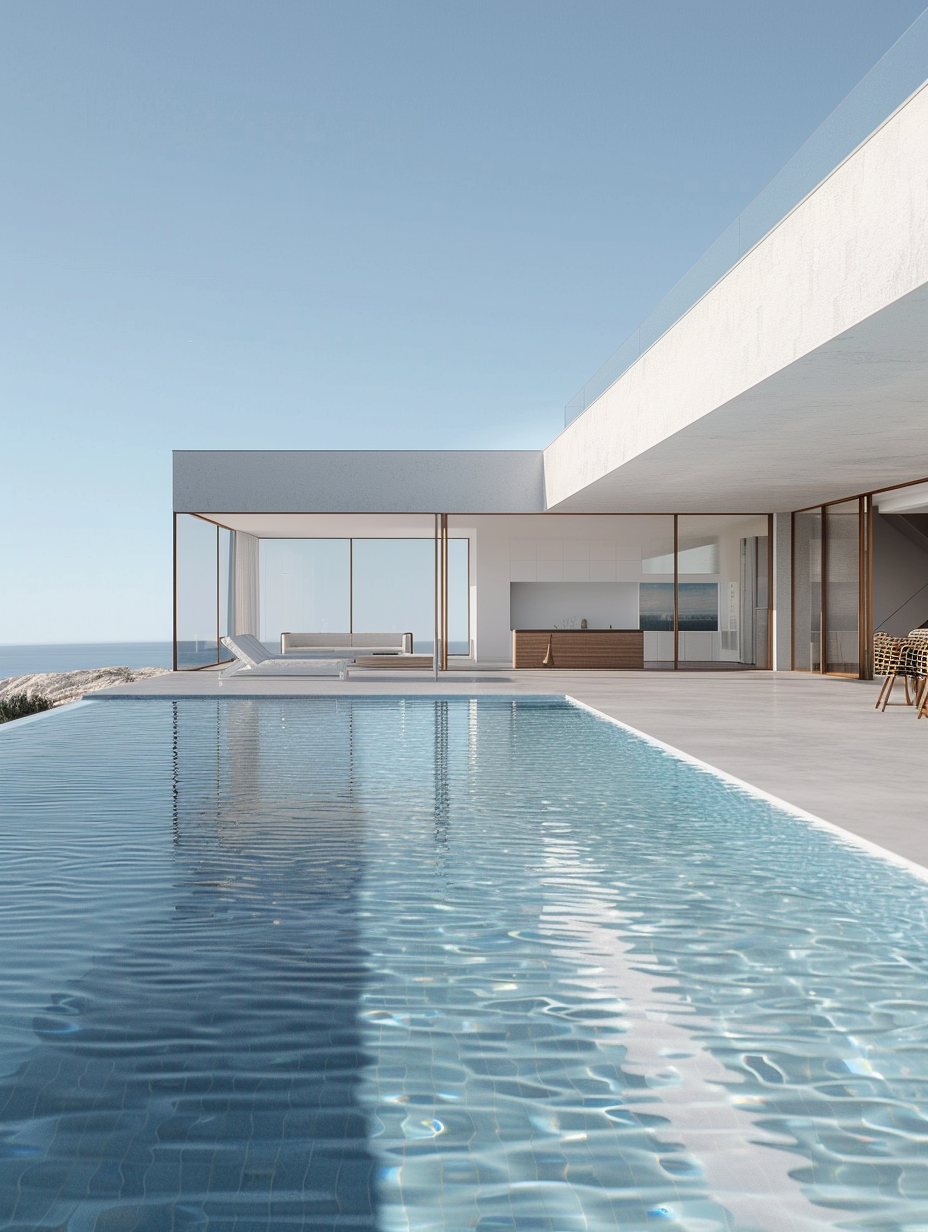 Modern coastal house with infinity pool overlooking the ocean, featuring clean architectural lines, glass walls, and calm natural light.
