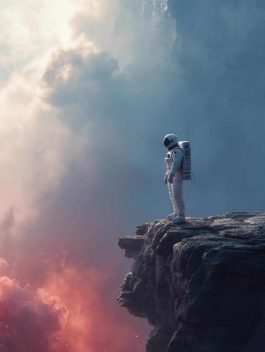 Astronaut standing on a rocky outcrop with a dramatic sky and clouds in the background