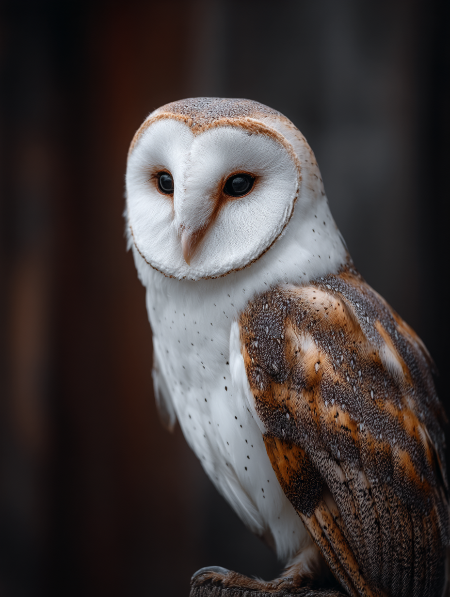 Barn owl portrait with soft feather detail and dark background in fine art style